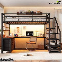 Front view of the queen-size black loft bed with a desk beneath the upper platform