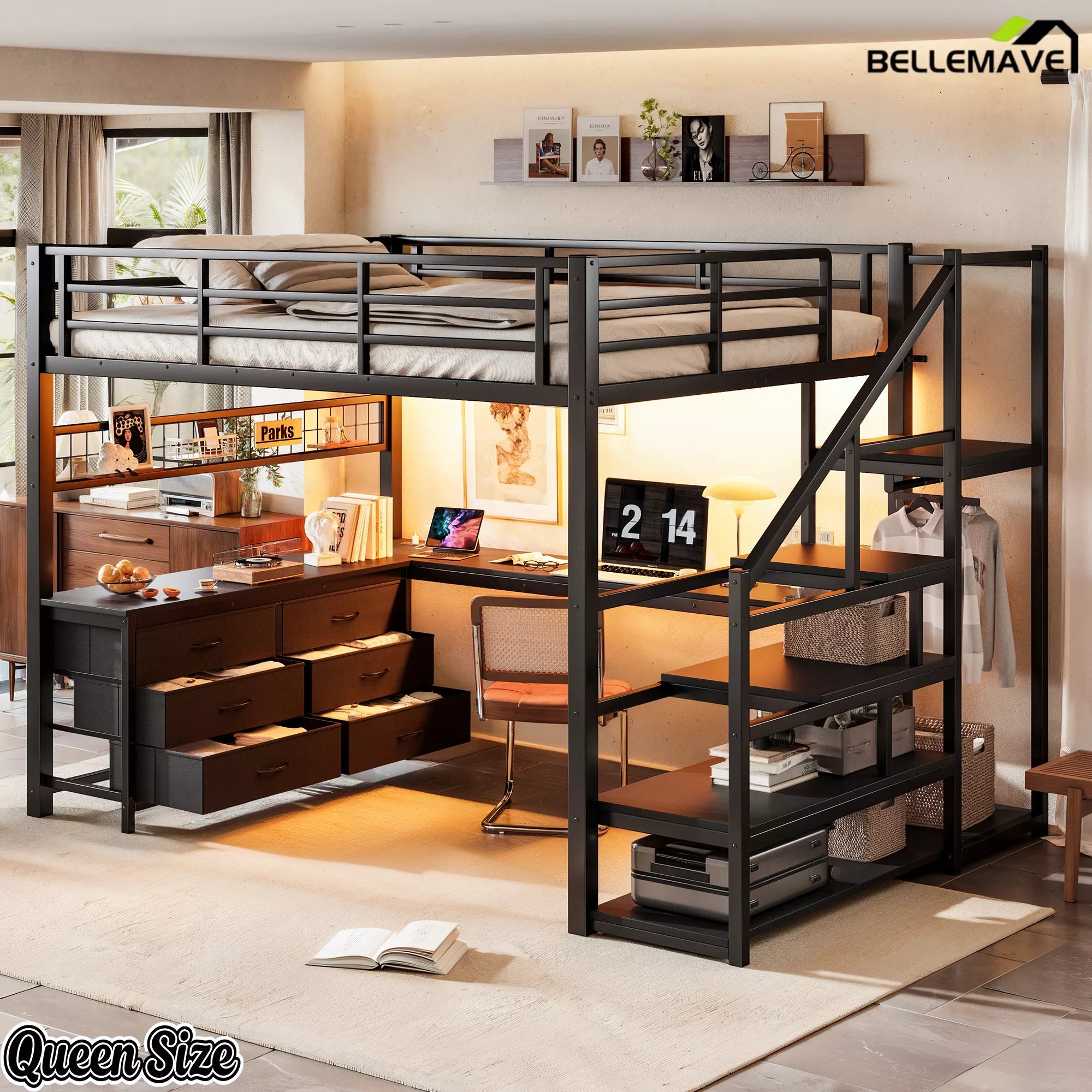 Side view of the queen-size black loft bed with desk and drawer storage