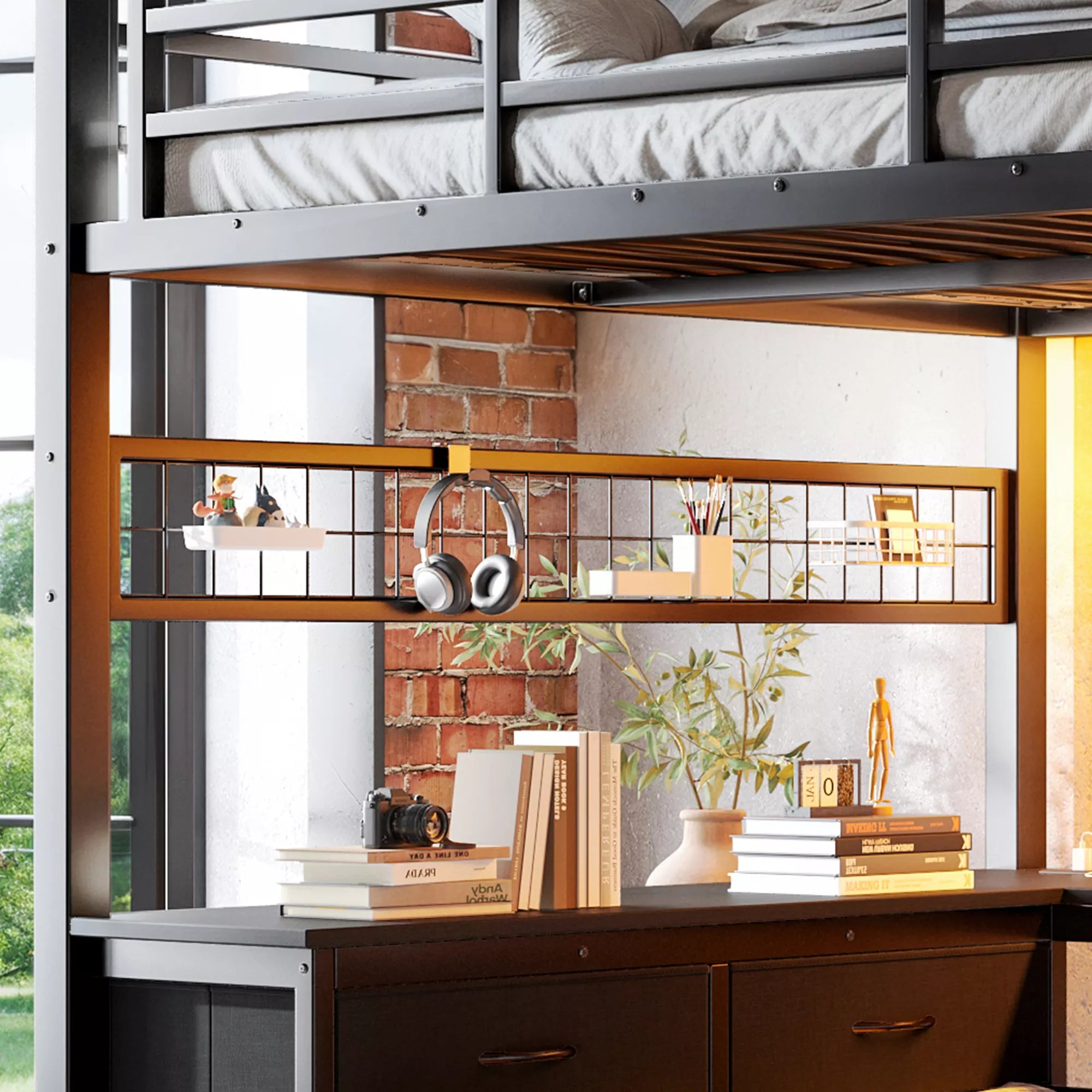 Loft bed workstation with a desk, drawers and open shelving beneath the upper bed