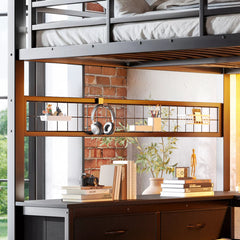 Loft bed workstation with a desk, drawers and open shelving beneath the upper bed