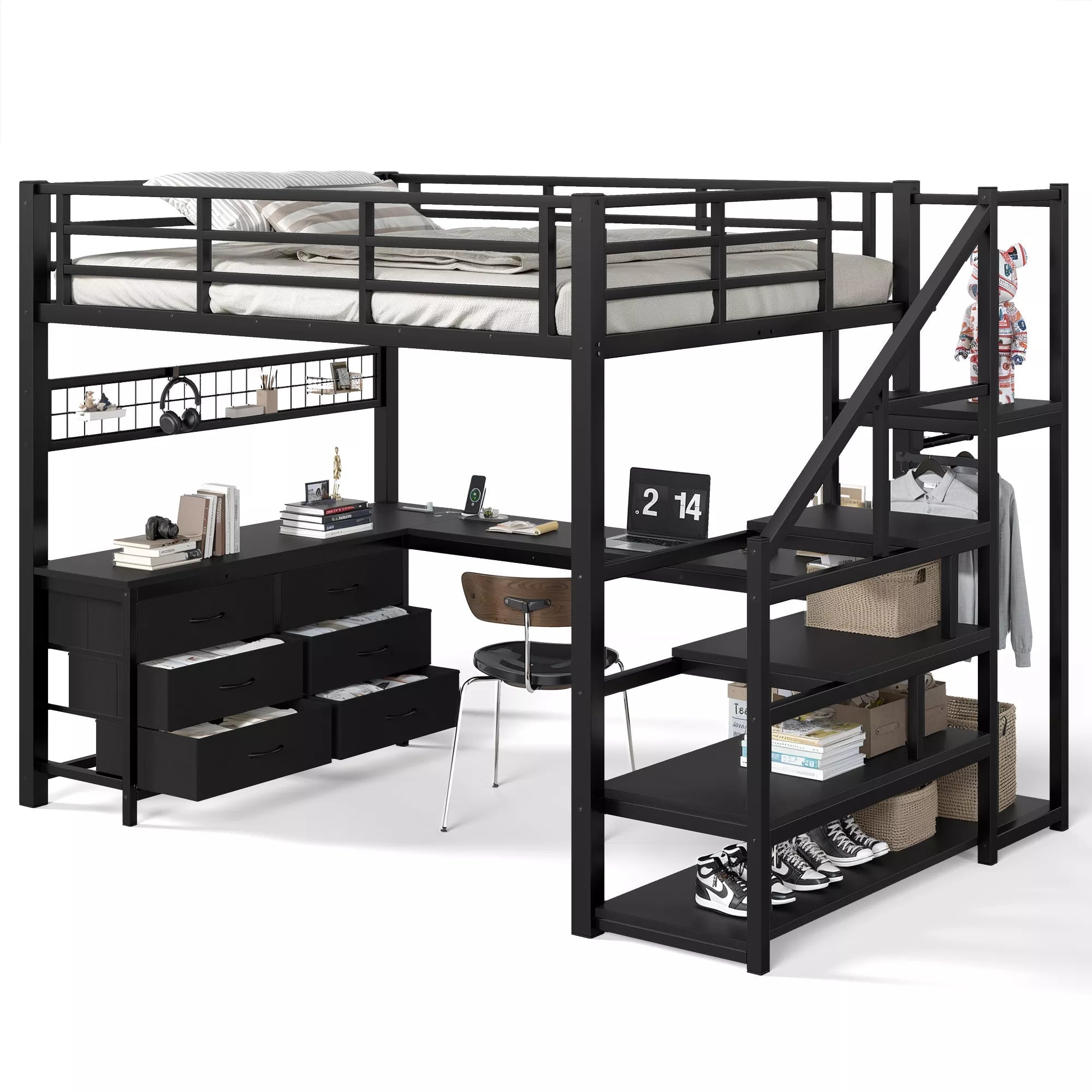 Black loft bed with desk, drawer storage and open stair cubbies in a bedroom