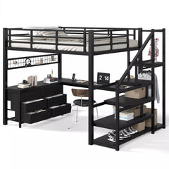 Black loft bed with desk, drawer storage and open stair cubbies in a bedroom