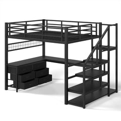 Side view showing the loft bed's upper sleeping platform, desk and drawer storage