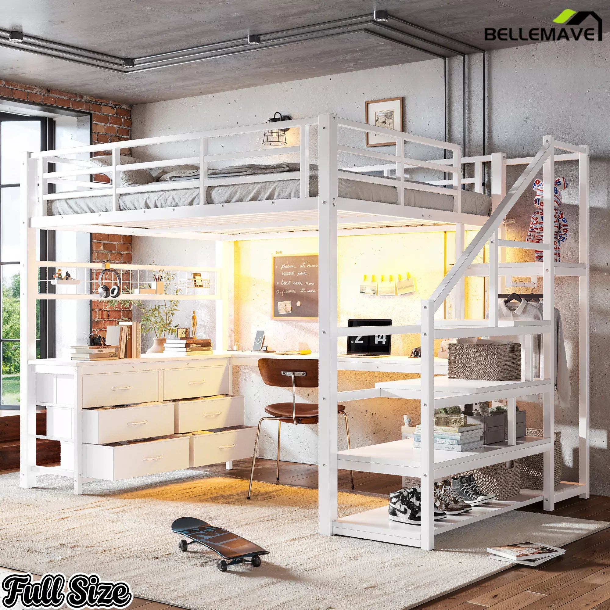 White full-size loft bed with desk, drawers and storage stairs in a bedroom