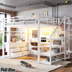 White full-size loft bed with desk, drawers and storage stairs in a bedroom