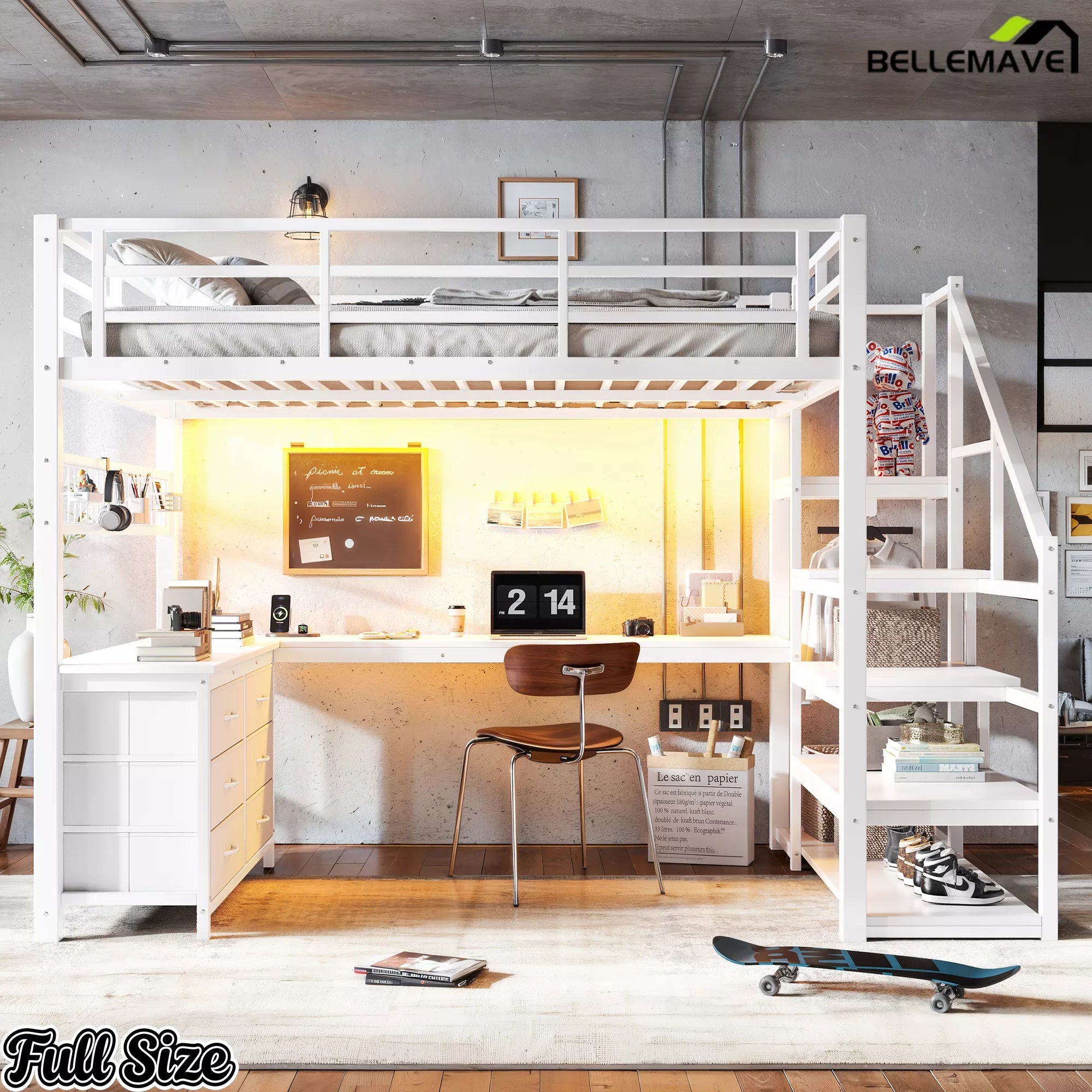 Front view of the white full-size loft bed with desk and storage stairs