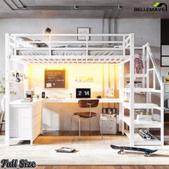 Front view of the white full-size loft bed with desk and storage stairs