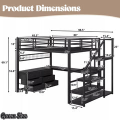 Queen-size loft bed dimension diagram showing the upper platform, desk and storage stairs