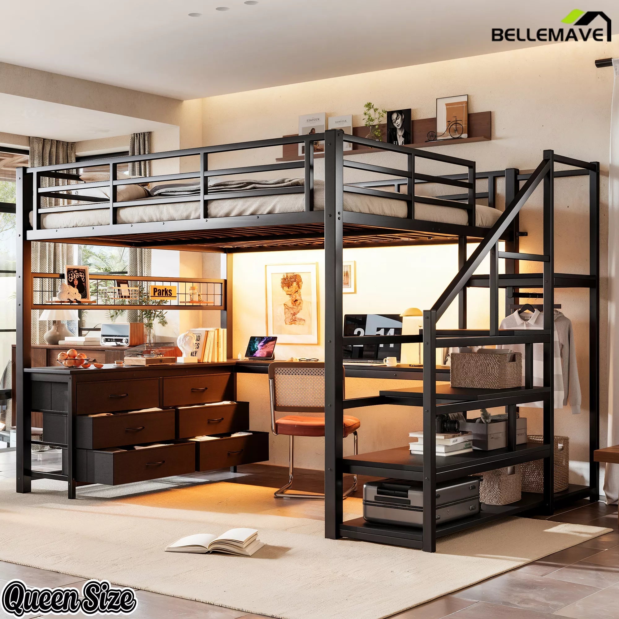 Angled view of the queen-size black loft bed with desk and storage stairs