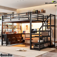 Angled view of the queen-size black loft bed with desk and storage stairs