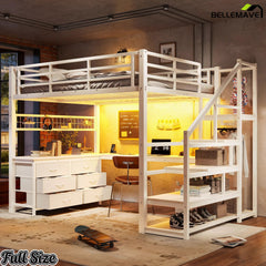 White full-size loft bed with workstation and stair storage in a softly lit room