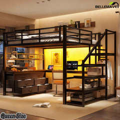 Queen-size black loft bed with a built-in desk and storage stairs