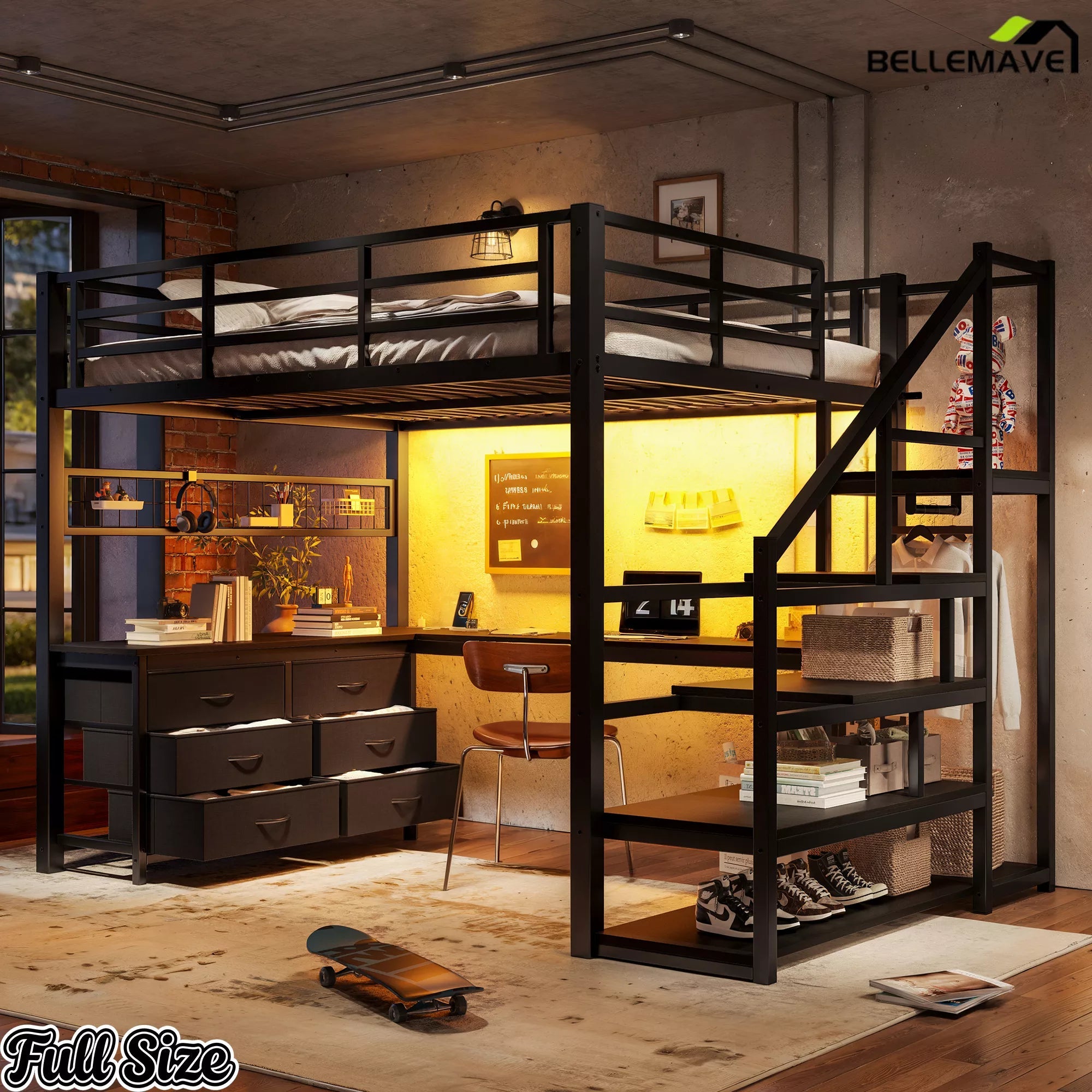 Black full-size loft bed with desk and storage stairs in a warm bedroom setting