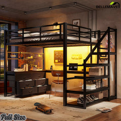 Black full-size loft bed with desk and storage stairs in a warm bedroom setting