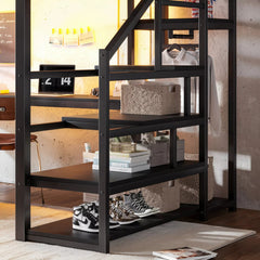 Close-up of open storage shelves beside the loft bed workstation