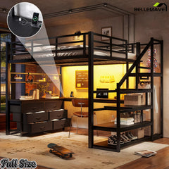 Full-size black loft bed with workstation and storage stairs in a bedroom