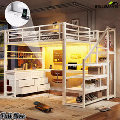 White full-size loft bed with an inset showing charging accessories on the desktop