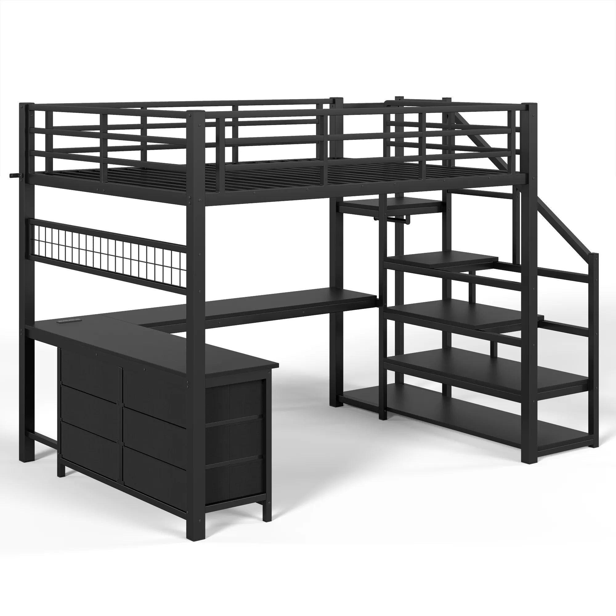 Black metal loft bed with an integrated desk, fabric drawers and storage stairs on a white background