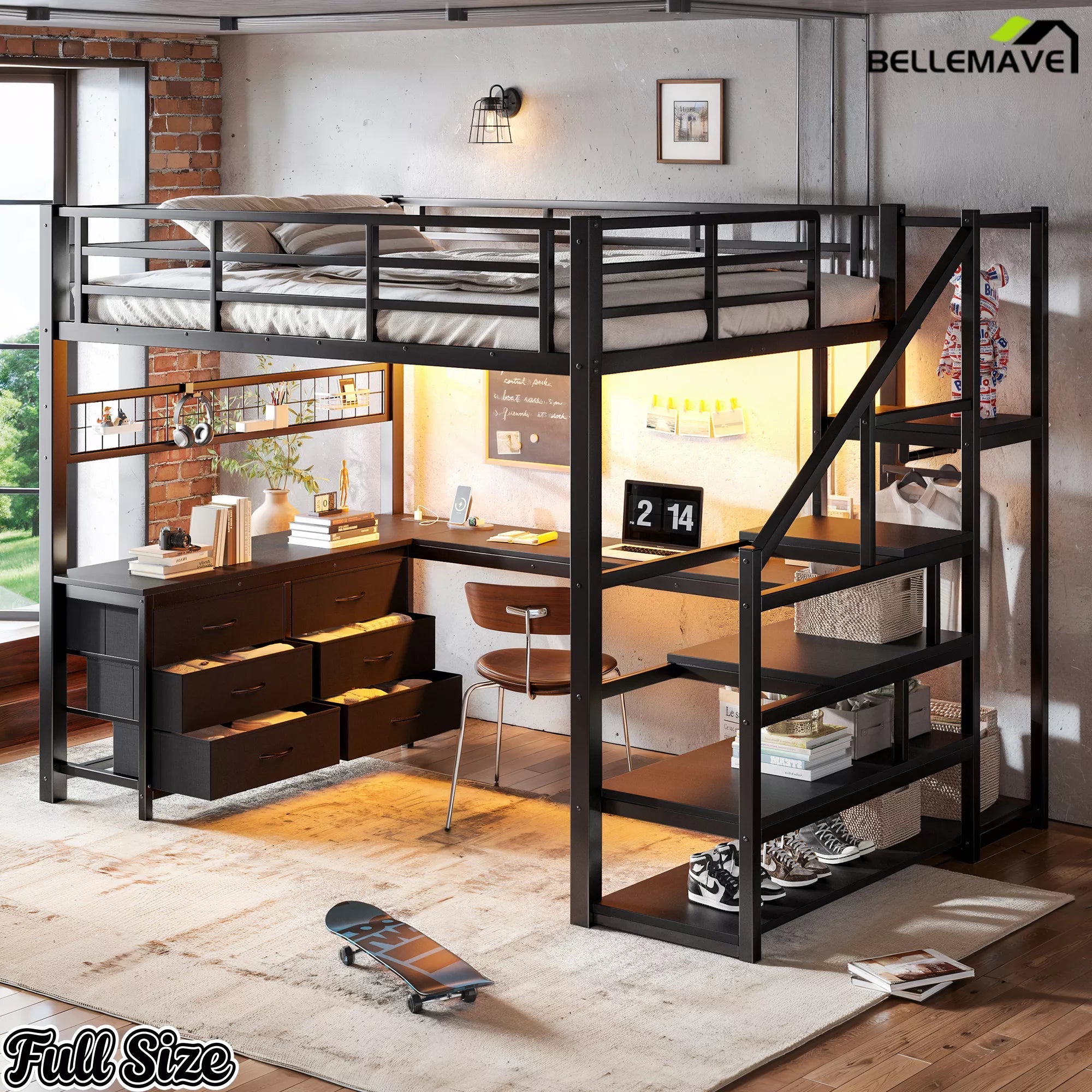 Wide view of the full-size black loft bed with integrated desk and storage stairs