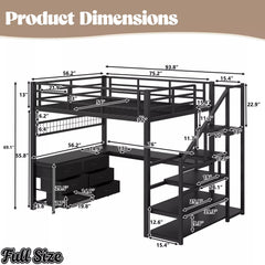 Full-size black loft bed dimension diagram showing the desk, drawers and storage stairs