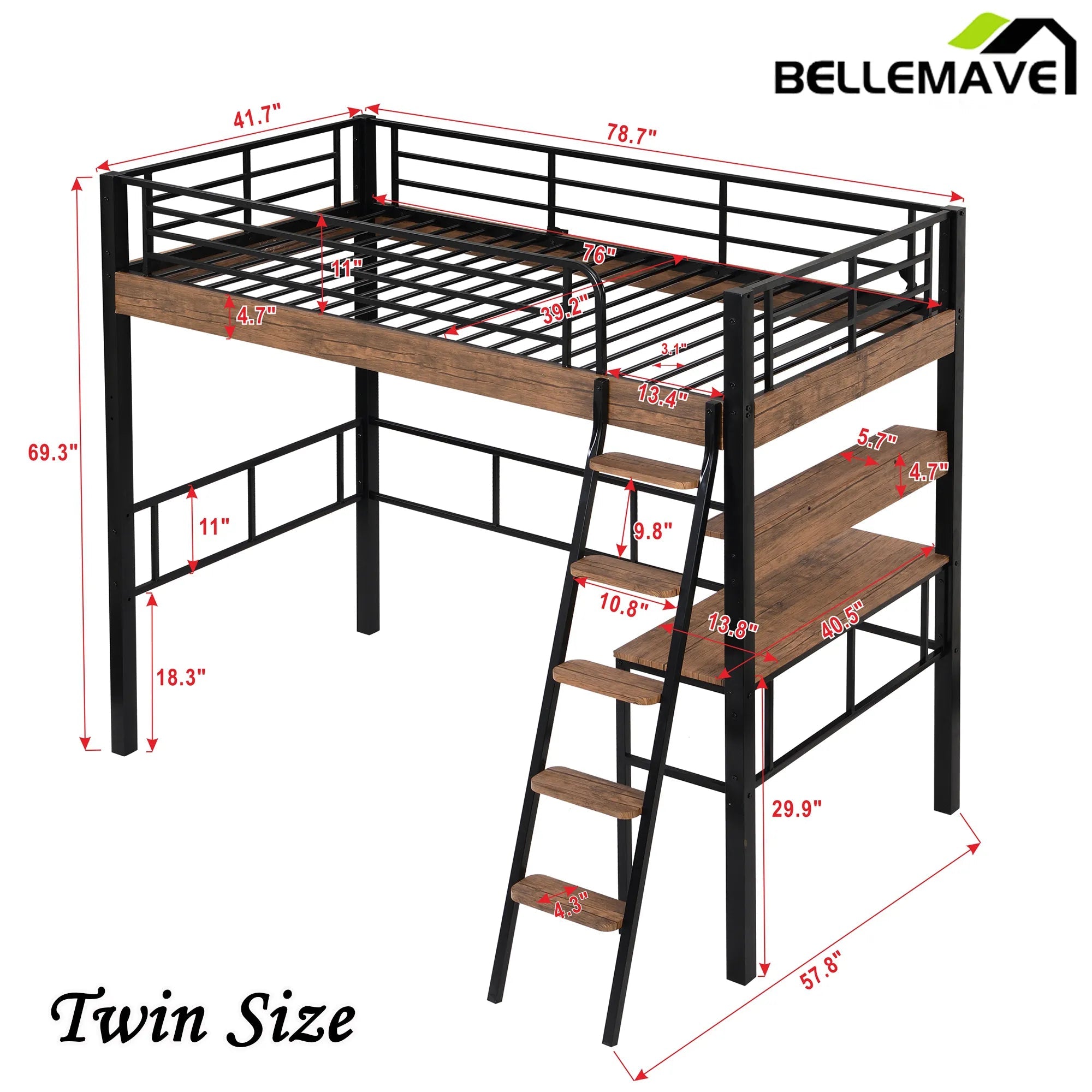Bellemave® Metal Loft Bed with Built - in Desk, Storage Shelf and Ladder - Bellemave