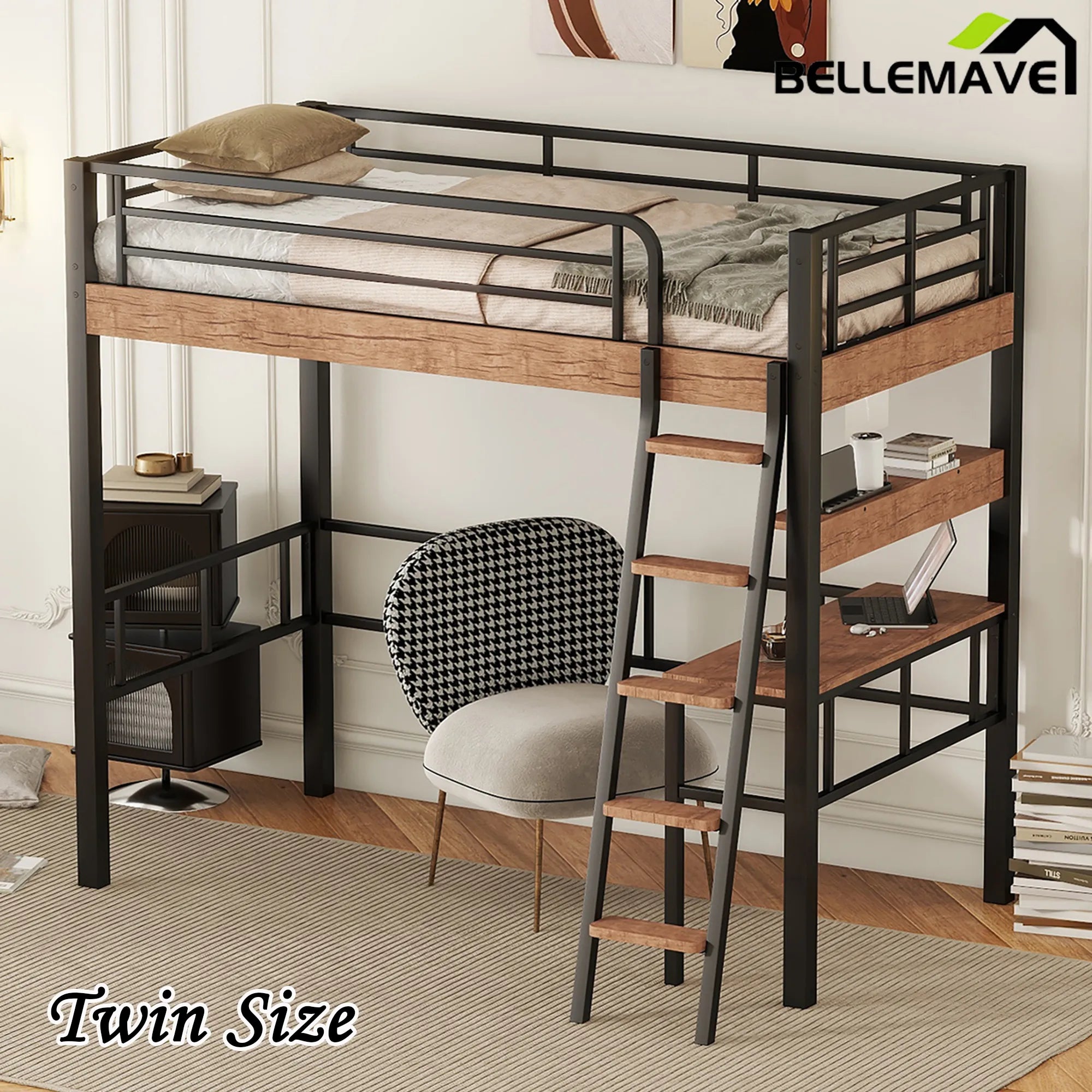 Bellemave® Metal Loft Bed with Built - in Desk, Storage Shelf and Ladder - Bellemave