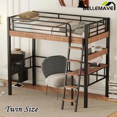 Bellemave® Metal Loft Bed with Built - in Desk, Storage Shelf and Ladder - Bellemave