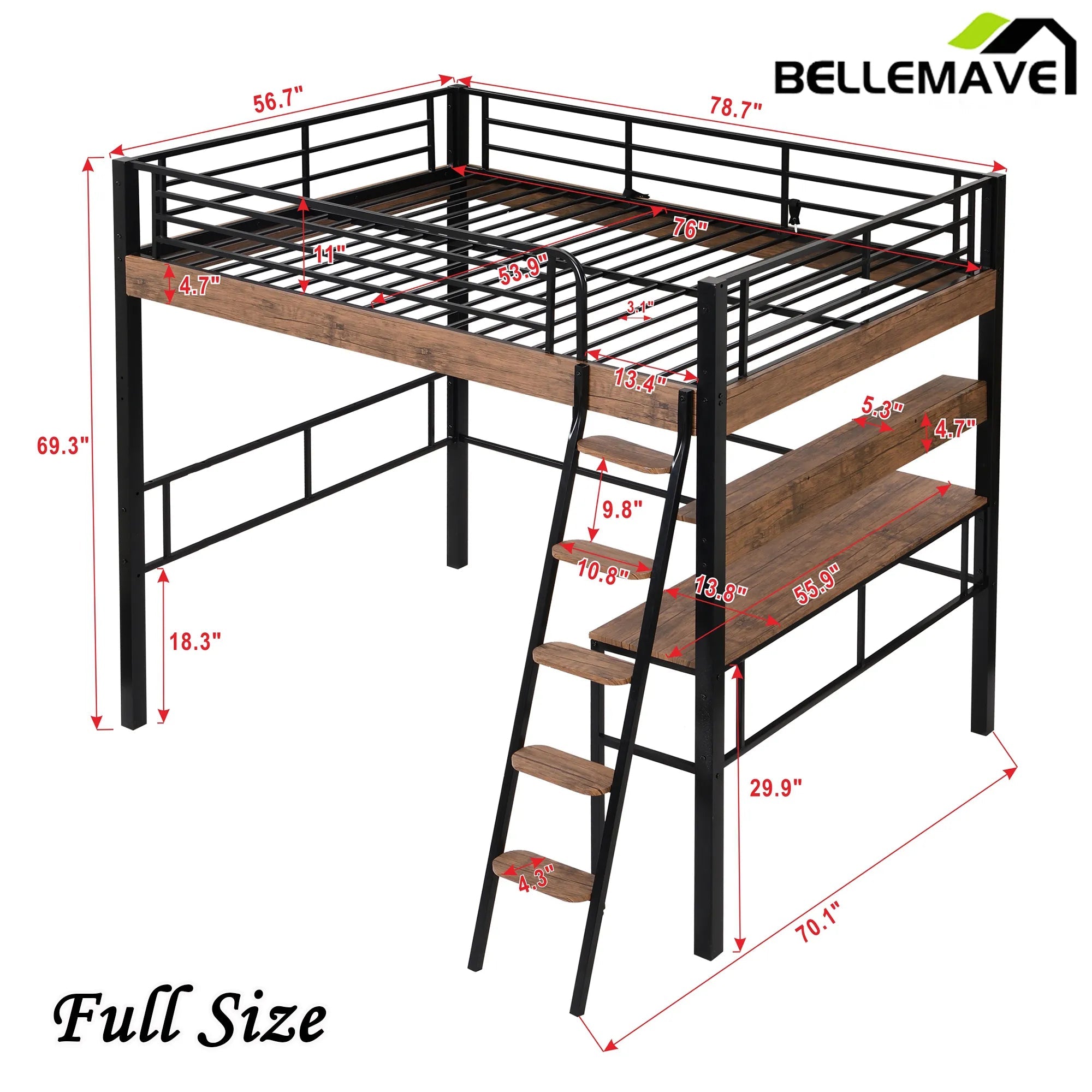 Bellemave® Metal Loft Bed with Built - in Desk, Storage Shelf and Ladder - Bellemave