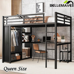 Bellemave® Metal Loft Bed with Built - in Wardrobe, Desk and Storage Shelves - Bellemave