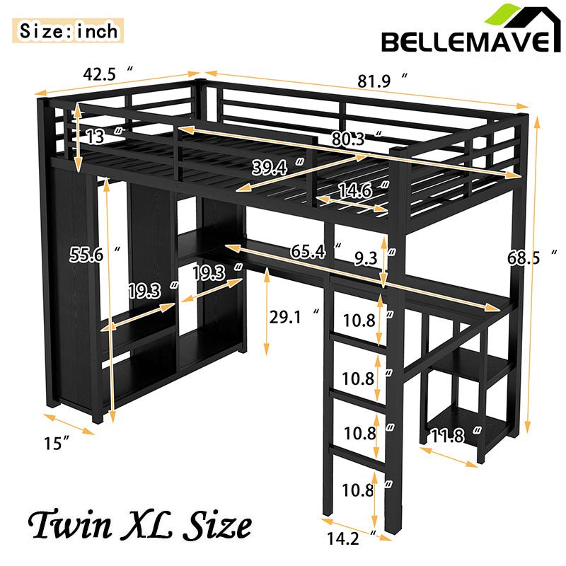 Bellemave® Metal Loft Bed with Built - in Wardrobe, Desk and Storage Shelves - Bellemave