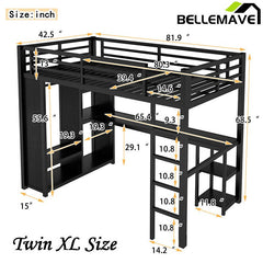 Bellemave® Metal Loft Bed with Built - in Wardrobe, Desk and Storage Shelves - Bellemave