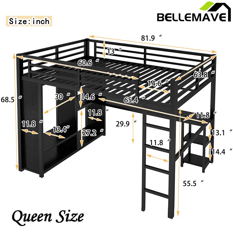 Bellemave® Metal Loft Bed with Built - in Wardrobe, Desk and Storage Shelves - Bellemave