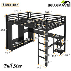 Bellemave® Metal Loft Bed with Built - in Wardrobe, Desk and Storage Shelves - Bellemave