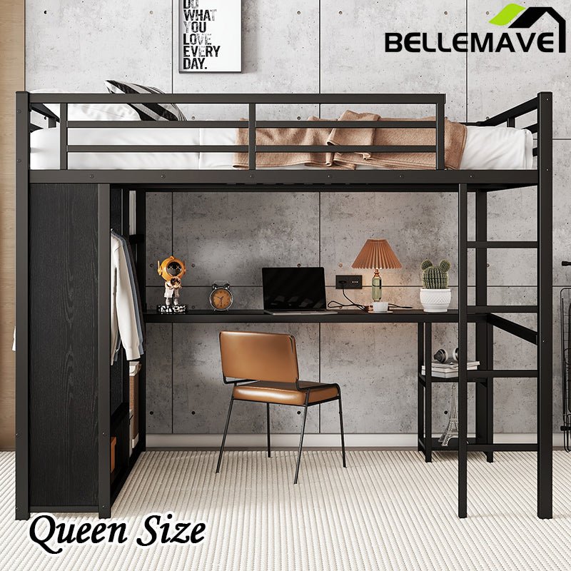 Bellemave® Metal Loft Bed with Built - in Wardrobe, Desk and Storage Shelves - Bellemave