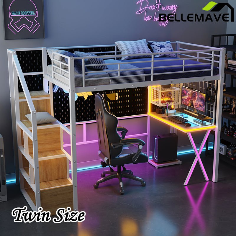 Bellemave® Metal Loft Bed with Built - in Work Station, Wardrobe, Storage Staircase and LED - Bellemave