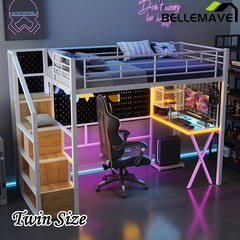 Bellemave® Metal Loft Bed with Built - in Work Station, Wardrobe, Storage Staircase and LED - Bellemave