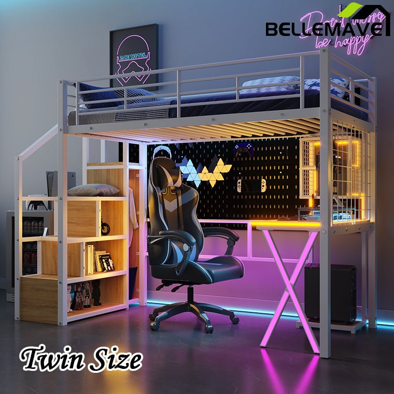 Bellemave® Metal Loft Bed with Built - in Work Station, Wardrobe, Storage Staircase and LED - Bellemave