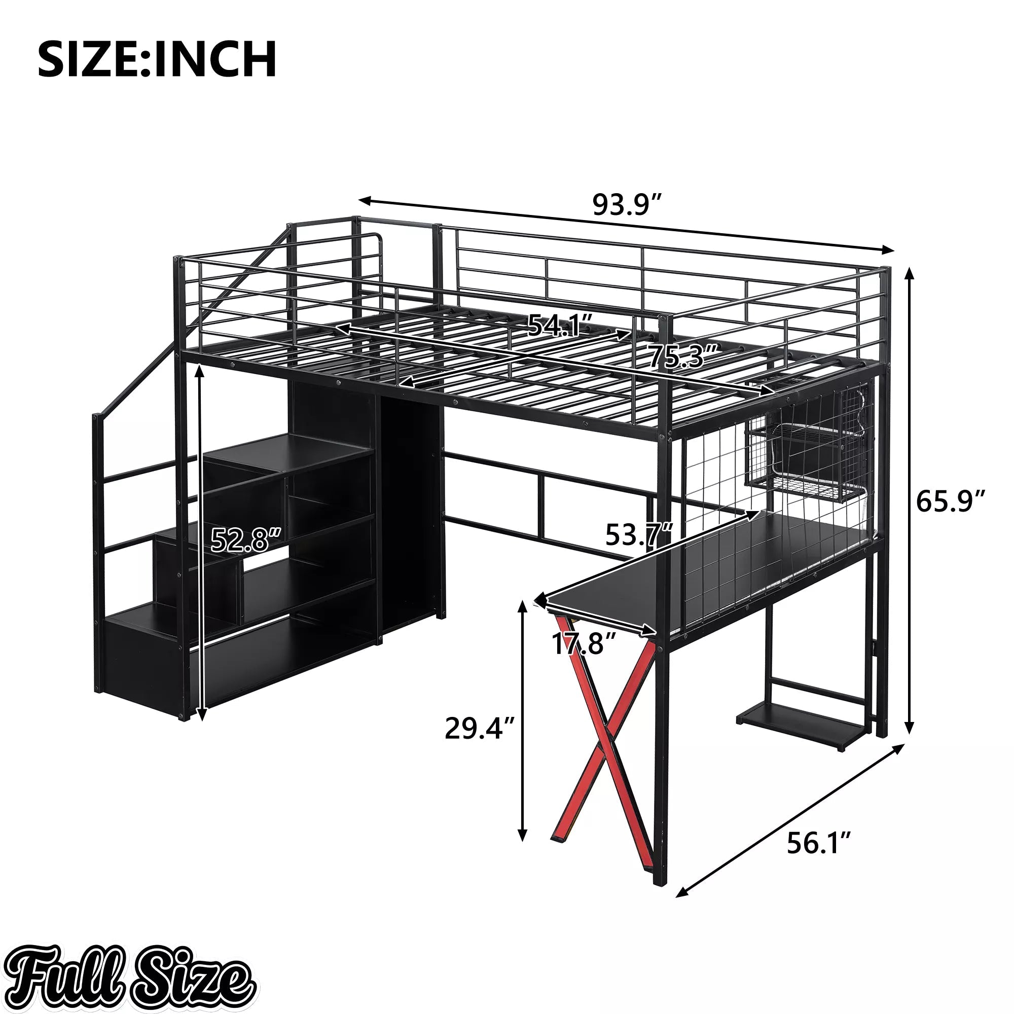 Bellemave® Metal Loft Bed with Built-in Work Station, Wardrobe, Storage Staircase and LED - Bellemave