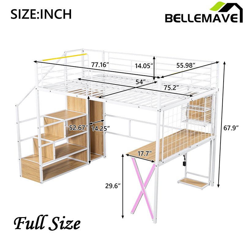 Bellemave® Metal Loft Bed with Built - in Work Station, Wardrobe, Storage Staircase and LED - Bellemave