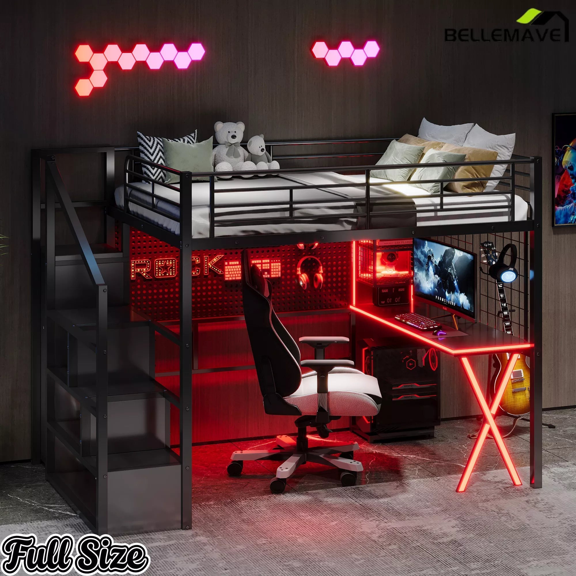 Bellemave® Metal Loft Bed with Built-in Work Station, Wardrobe, Storage Staircase and LED - Bellemave