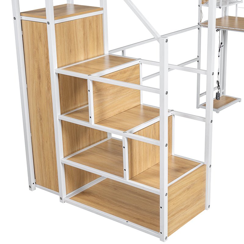 Bellemave® Metal Loft Bed with Built - in Work Station, Wardrobe, Storage Staircase and LED - Bellemave