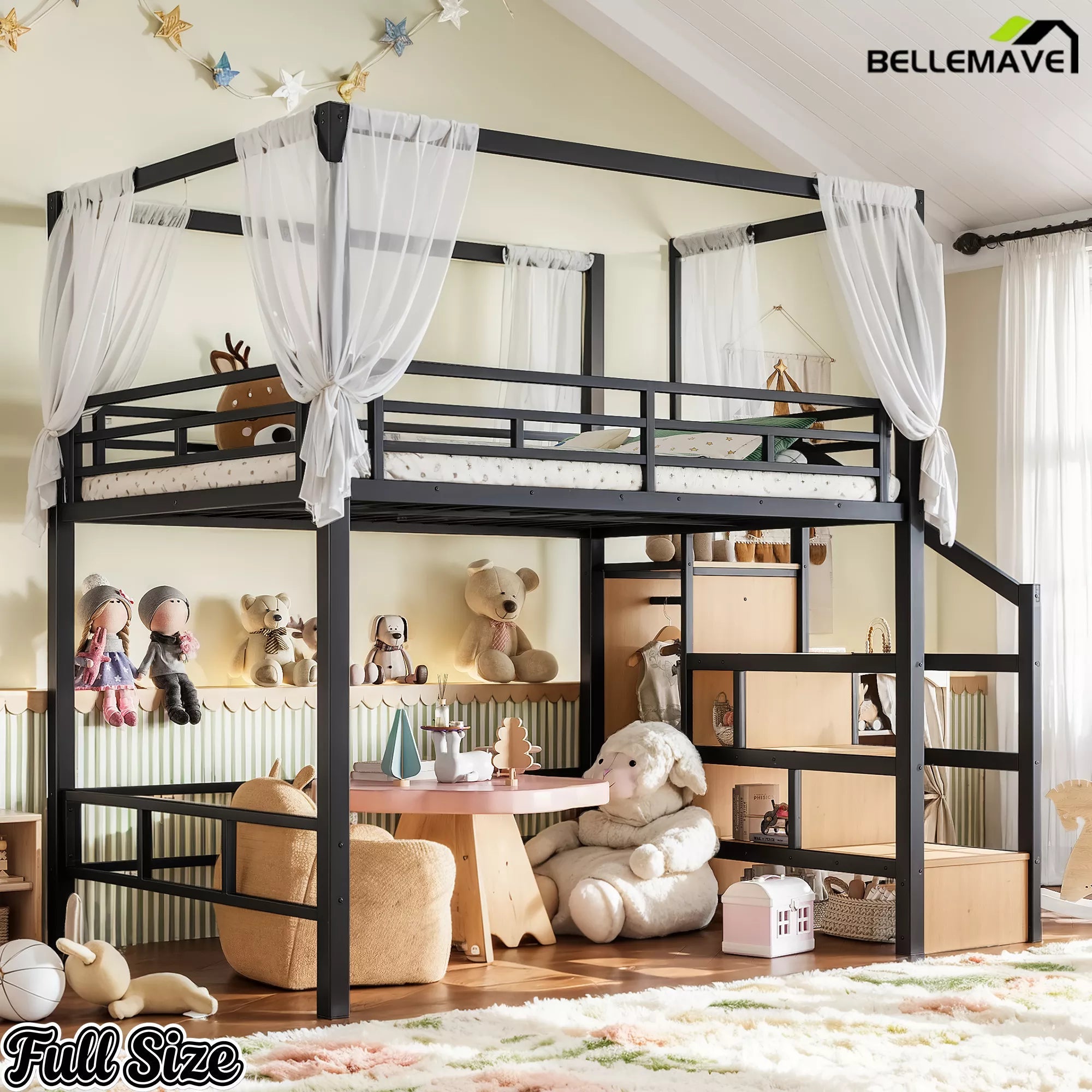 Full size black metal loft bed with canopy frame, storage stairs, and wardrobe
