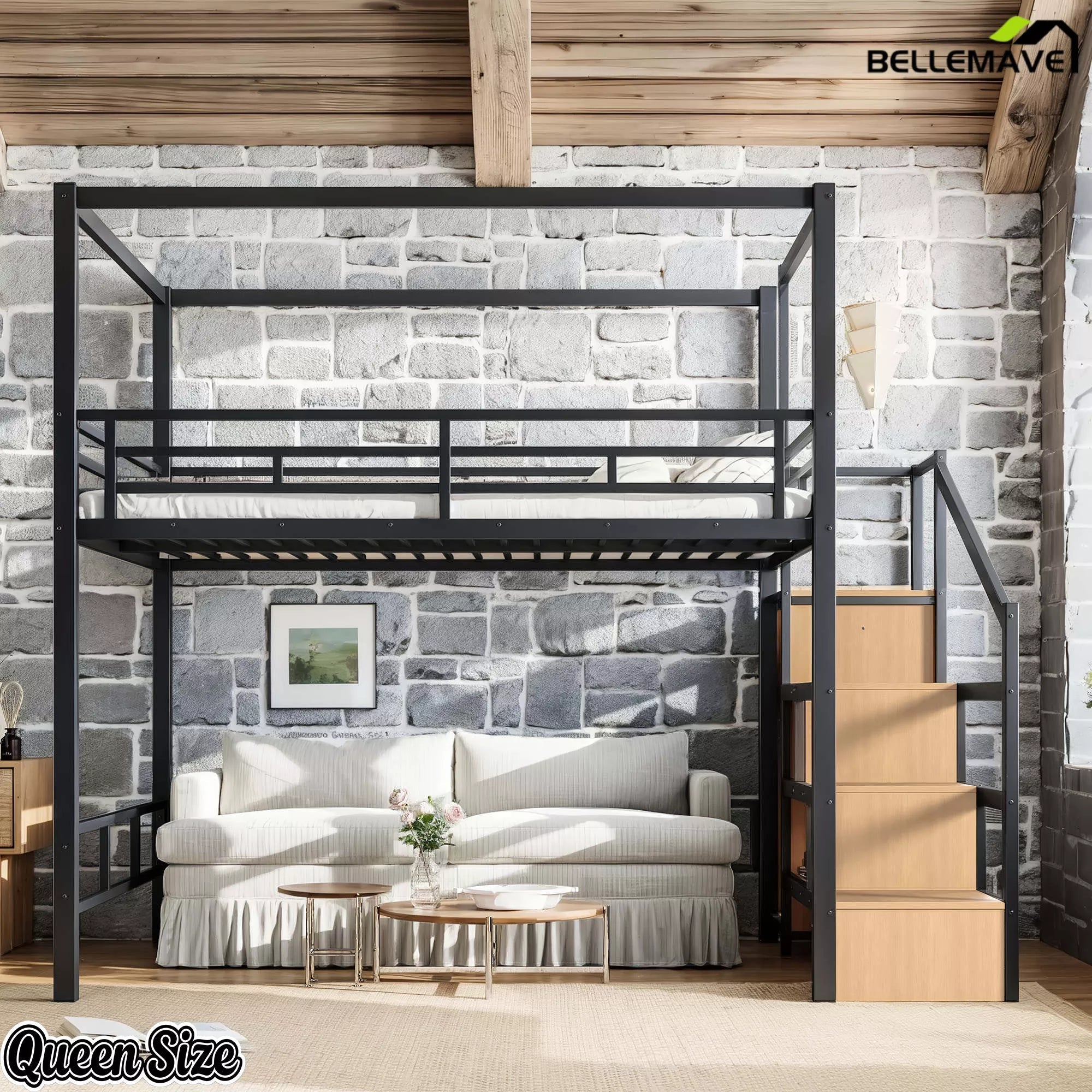 Queen size black metal loft bed with storage stairs and wardrobe