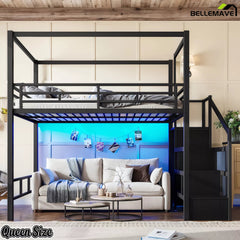 Queen size black metal loft bed with blue LED lighting and open underbed space