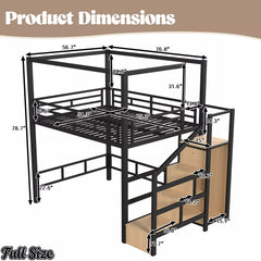 Full size metal loft bed dimensions with storage stairs and wardrobe