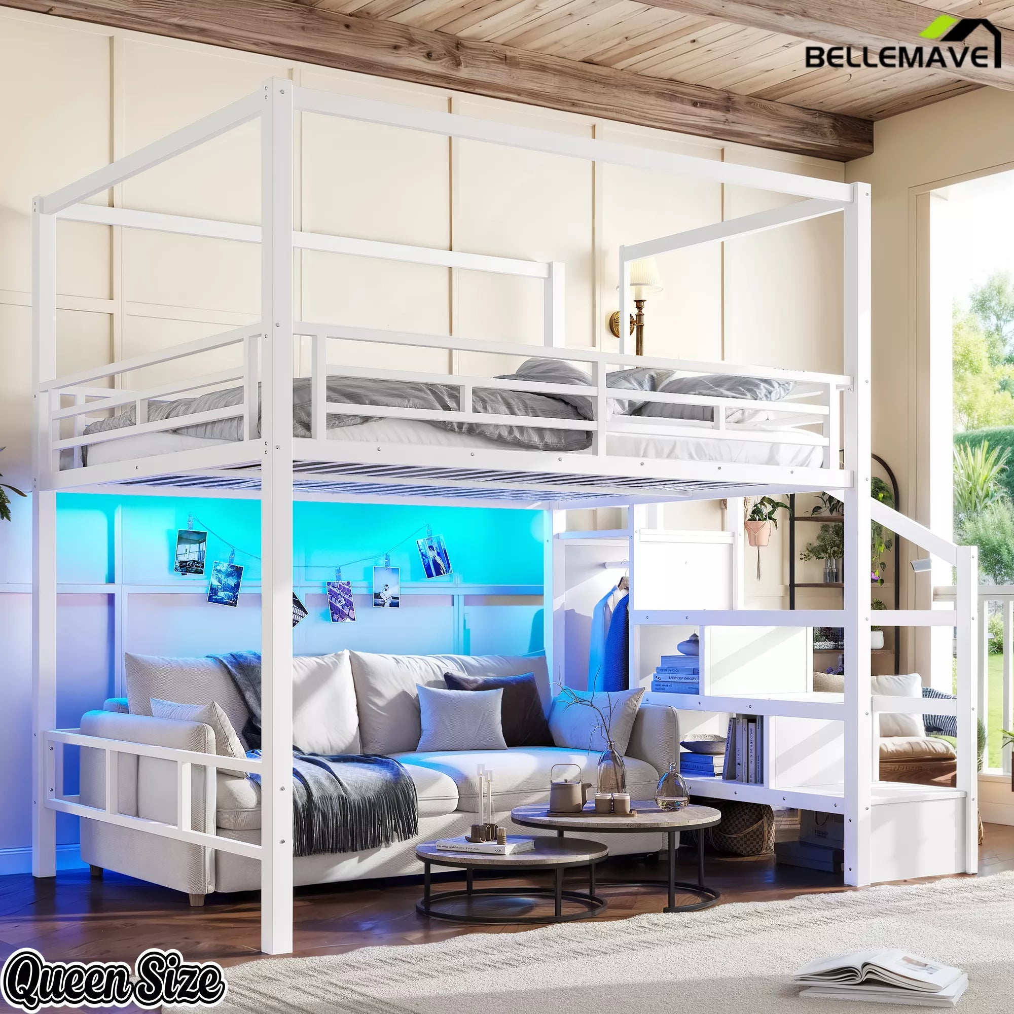Queen size white loft bed with storage stairs, wardrobe, and canopy frame