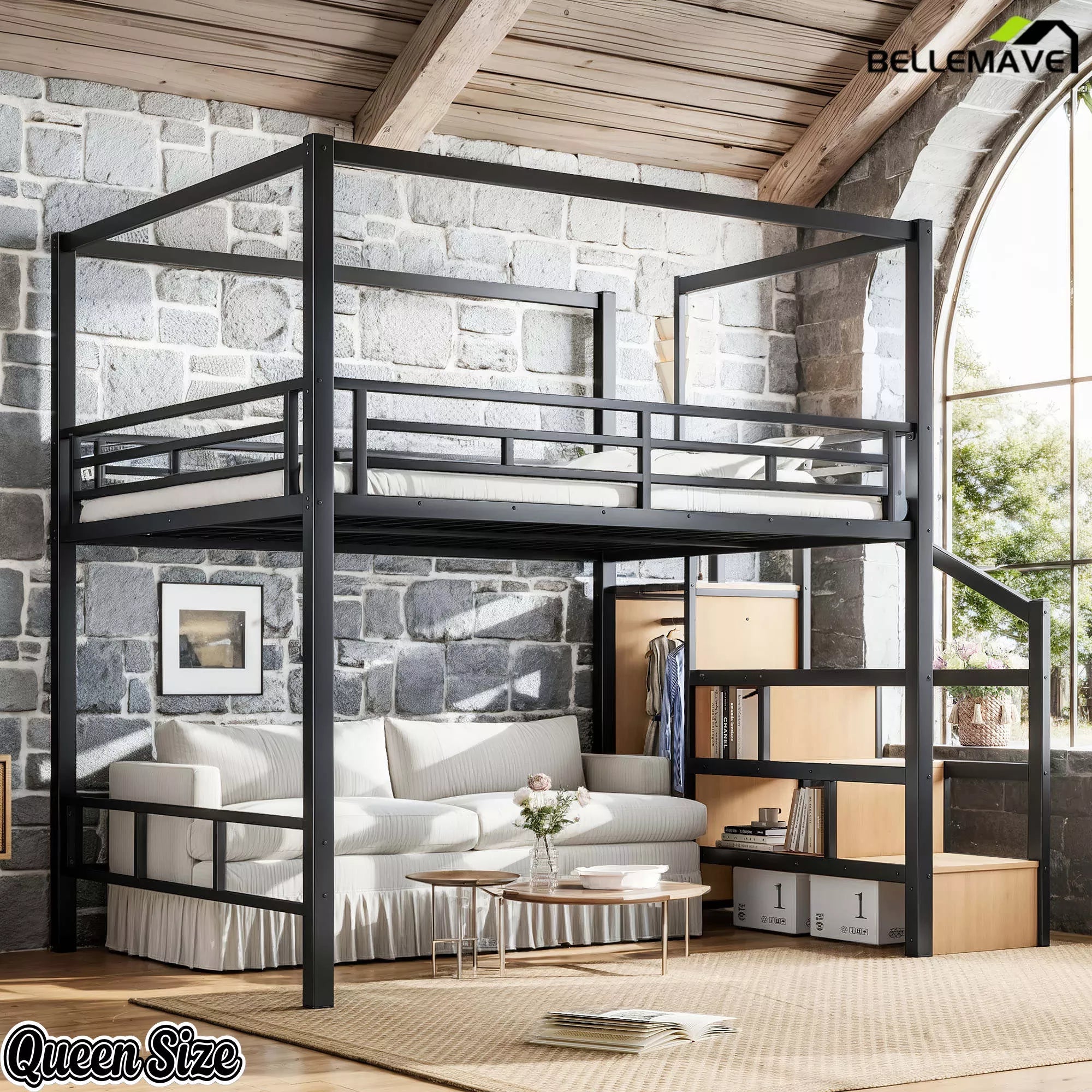 Queen size black metal loft bed with storage stairs, wardrobe, and canopy frame