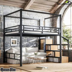 Queen size black metal loft bed with storage stairs, wardrobe, and canopy frame