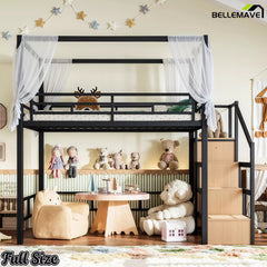 Full size loft bed with storage stairs and wardrobe in a bedroom