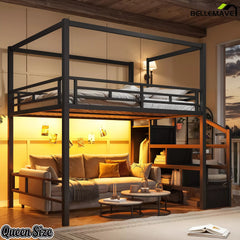 Queen size black loft bed with warm LED lighting and storage area underneath